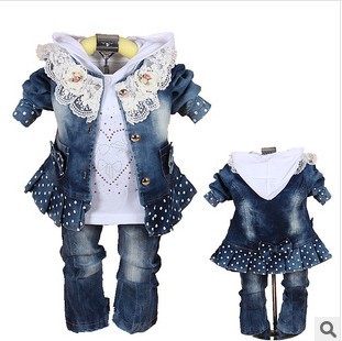 2014 children clothing set baby Girls fashion Lace Jean 3pcs set top coat outerwear + Shirts+ Pant denim suit free shipping