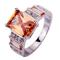 Wholesale Exalted Vogue Emerald Cut Morganite & White Topaz 925 Silver Ring Size 7 8 9 10 11 12 Sparkling Women Jewelry Gifts