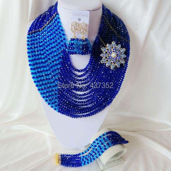 15 layers Royal blue and Turquoise blue Crystal Necklaces Bracelet Earrings Nigerian African Wedding Beads Jewelry Set  CPS-2325
