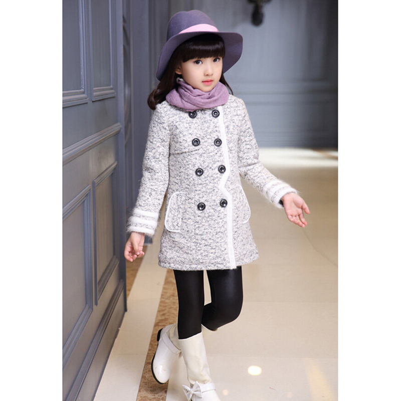 Buenos Ninos 2015 Korean Fashion Girls Winter Woolen Coats Children Kids Patchwork O-Neck Double-Breasted Long Grey Outerwear