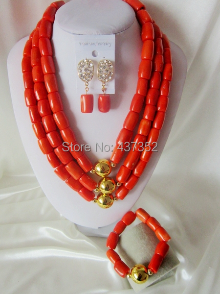 Handmade Nigerian African Wedding Beads Jewelry Set , Coral Beads Necklace Bracelet Earrings Set CWS-367
