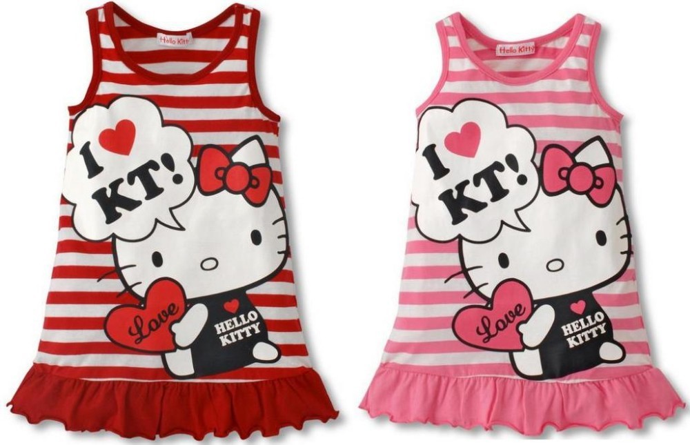2015 Hot Selling Baby Girls Cute Hello Kitty Dress Red Pink Kt Clothes Girls Clothing One