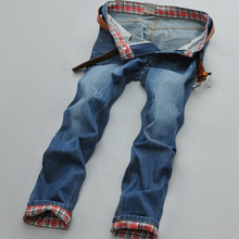 Men summer wear Jeans Causual Pants Pockets Mid-Waist Full length Brand Slim Type Straight Plaid Trousers Solid Popular Jeans