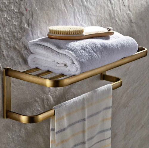 NEW-Antique-Brass-Wall-Mounted-Bathroom-Shelf-Towel-Rack-Holder-With-Towel-Bar