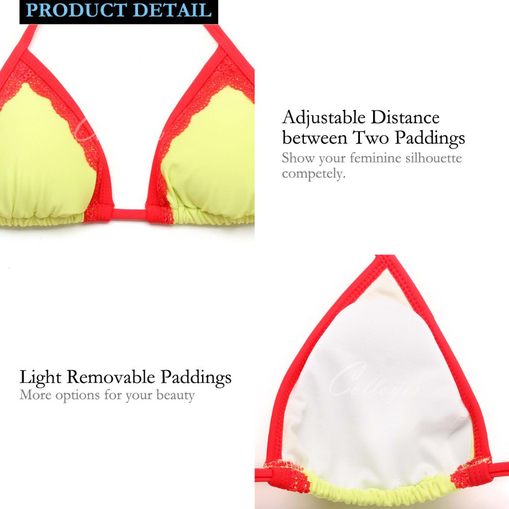 CA151004-308 Colloyes Sexy Greenish Yellow + Double Red Lace Trim Triangle Top + Classic Cut Bottom Bikini Swimwear Womens Sexy Bathing Suit (7)