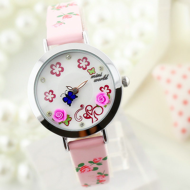 2015 Mini Word Quartz DIY 3D Butterfly Flower Polymer Clay Watches Women Girl Dress Wristwatches Brithday