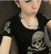 2015 Summer Plus Size Women T shirt Female Short Sleeve Cotton Diamond Skull print tops Women