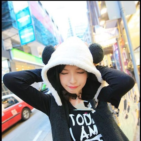 one gloves autumn  winter and.jpg hooded cute black hooded scarf plush scarf gloves and Panda