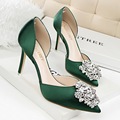 New Fashion Shallow Pointed Elegant Satin Silk High Heels Shoes Sexy Hollow Rhinestone Women High heeled