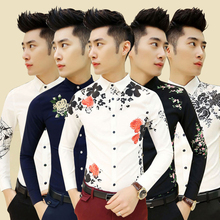 M-2XL 17 colors free shipping British fashion mens shirts 2015 new flower printed shirt Korean Slim fit casual long sleeve shirt