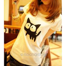 2015 Summer Short Sleeve Women T Shirt Cute Cartoon Cat Print O Neck Elegant T Shirt