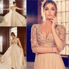 2014 Design New Arrival A-line Chiffon Long Prom Dresses Elegant Beautiful Deep V-neck Beaded 3/4 Sleeves Women Dress Evening
