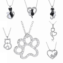 Lovely Catlike Black White 2 cat On Heart Crystal Pendant Necklace For Women Girl Best Friend Gift Small Cat Jewelry