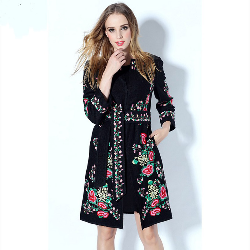 Brand Trench Coat 2015 Autumn Winter European Fashion Women's Sashes Full Sleeve Black Embroidery Plus Size XXXL Trench Coat