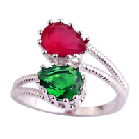 lingmei Wholesale Chic Pear Cut Emerald Quartz & Ruby 925 Silver Ring Size 6 7 8 9 10 11 Fashion Women Rings Jewelry Free Shipp