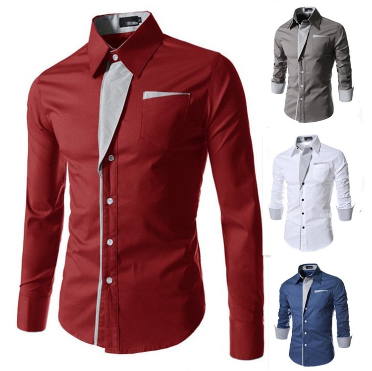 New 2015 Mens Casual Pin Stripe Patched Pocket Slim Casual Shirts Long Slevee Shirt men 7