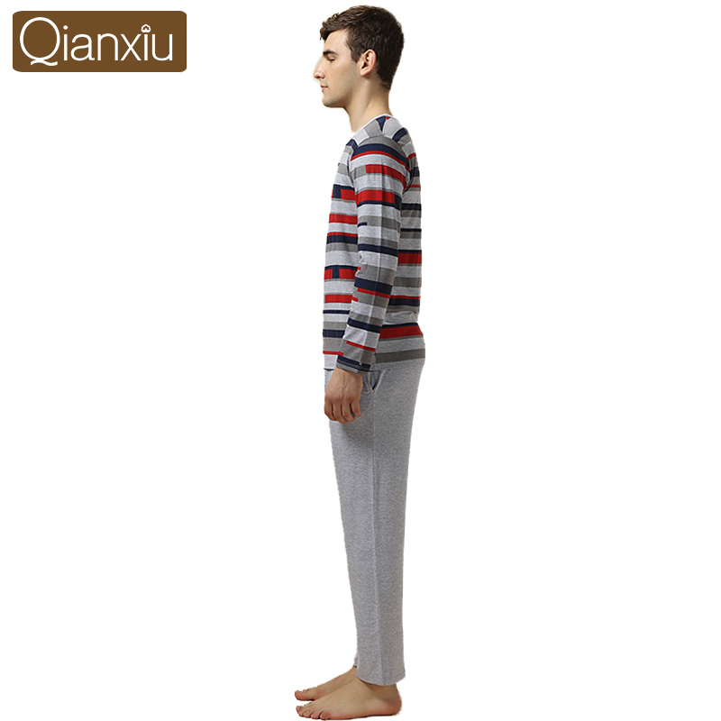 Qianxiu Brand Pajamas Casual Stripes Men Pajama Set Plus Size Sleepwear Modal Cotton Home Dress for