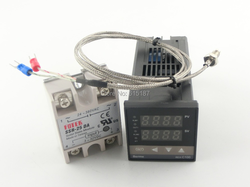 Digital PID Temperature Controller REX-C100FK02-V*AN + Solid State Relay max.25A SSR25DA +1M M6 K Thermocouple Probe