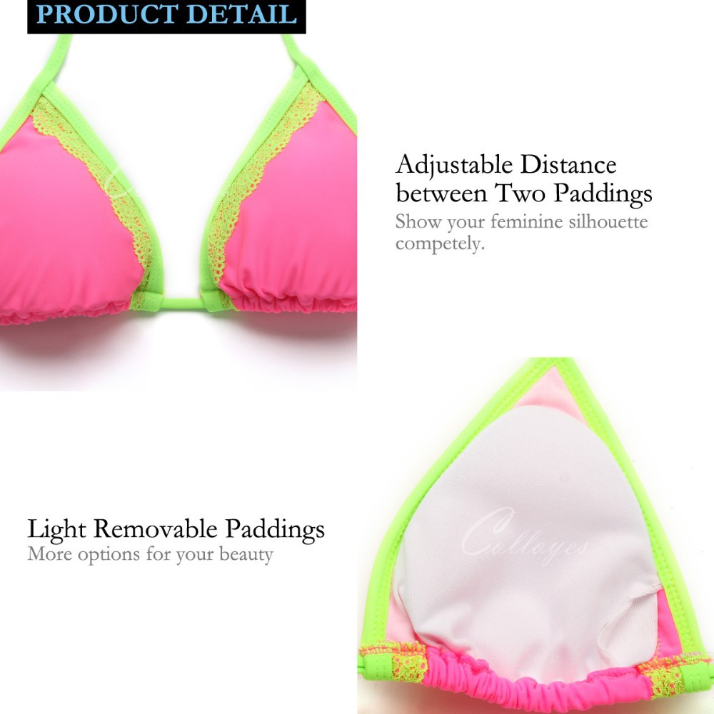 CA151002-104 Colloyes Ladies Newest Sexy Pink + Green Lace Triangle Top + Classic Cut Bottom Bikini Swimwear Lovely Candy Triangl Bikini Suit (7)