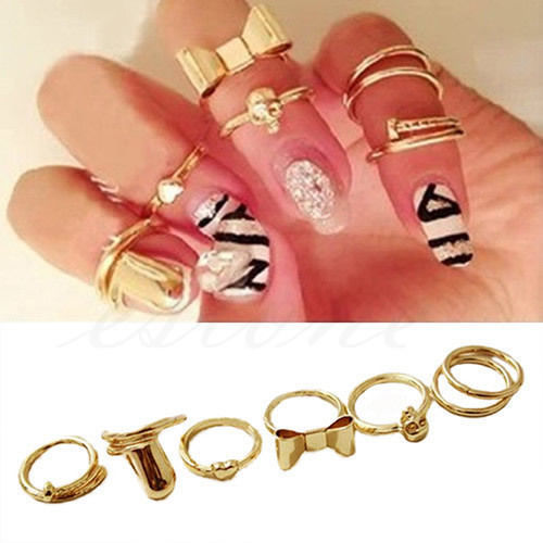 Free Shipping 7PCS Set Charming Gold Skull Stack Plain Cute Above Knuckle Ring Band Midi Rings
