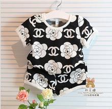 2015 children clothing baby wear girls sweet rose short sleeve t-shirt +short = sets kids casual flower suits