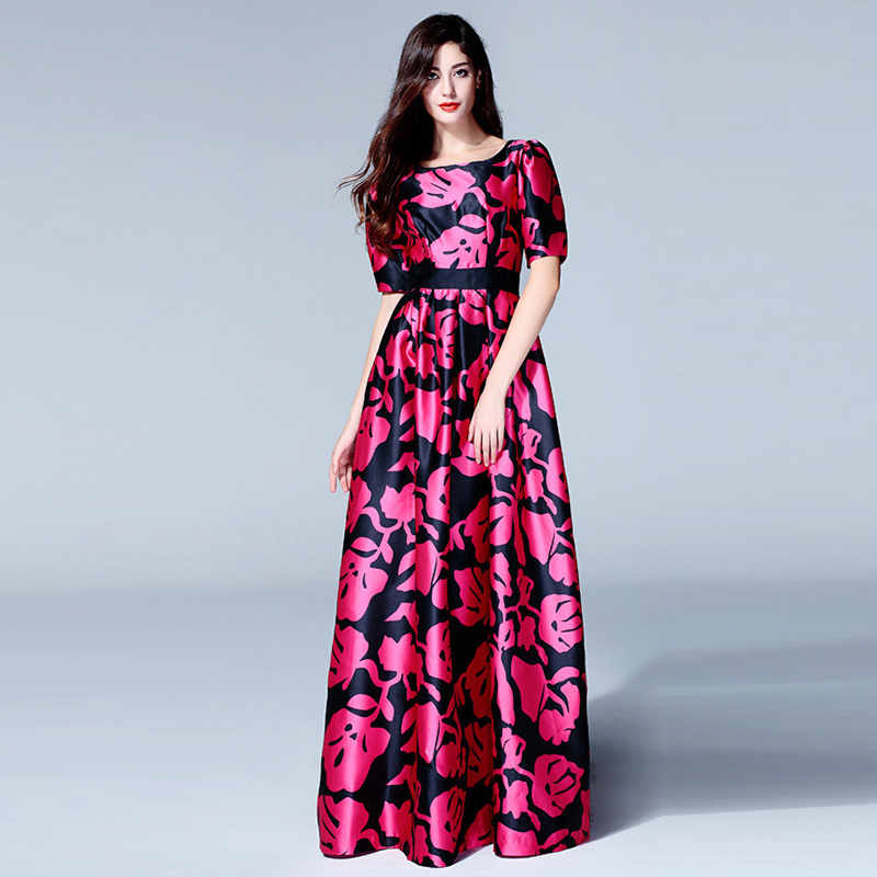Fasicat 2015 New Women's Floral Print Patchwork Maxi Dress Short Sleeve A line Vestidos Slim Evening Party dress new year D5006
