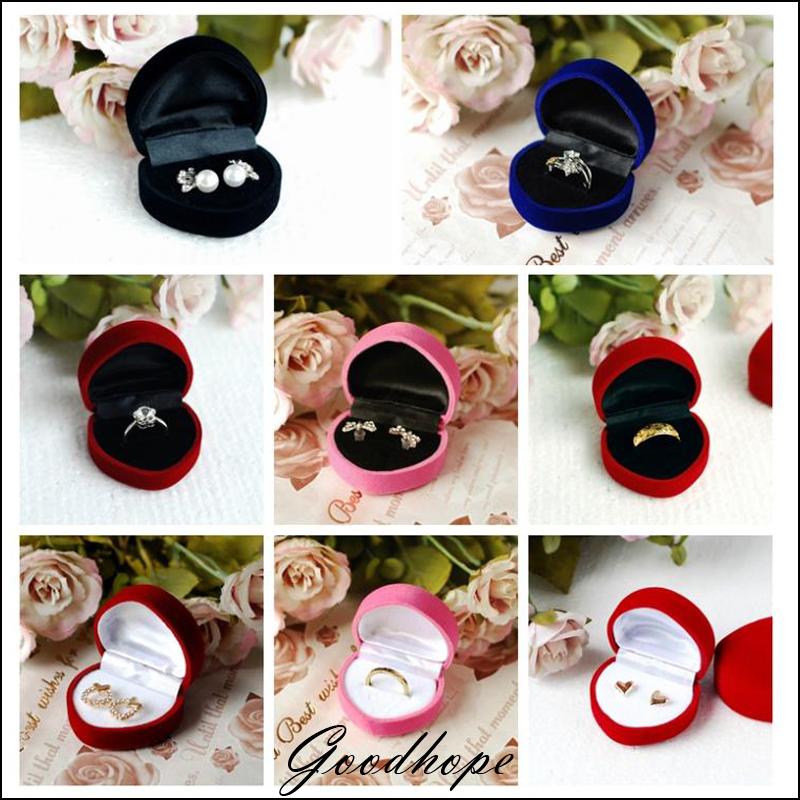 Wholesale 48pcs Jewelry Display Ring Holder Heart Shaped Jewellery Packaging Engagement Velvet Wedding Ring Earring Boxes Cases