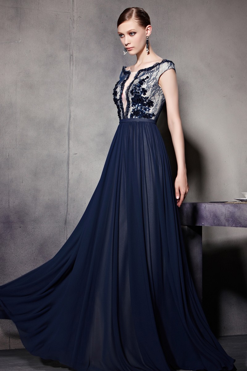 Dark Blue Lace Prom Dresses 2014
