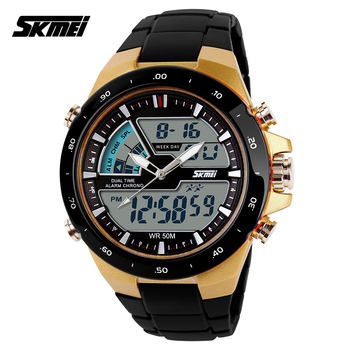 Новый 2015 Skmei марка молодых мужчин спорт военная часы мода свободного покроя платье наручные часы 2 часовой пояс цифровой кварц из светодиодов часы