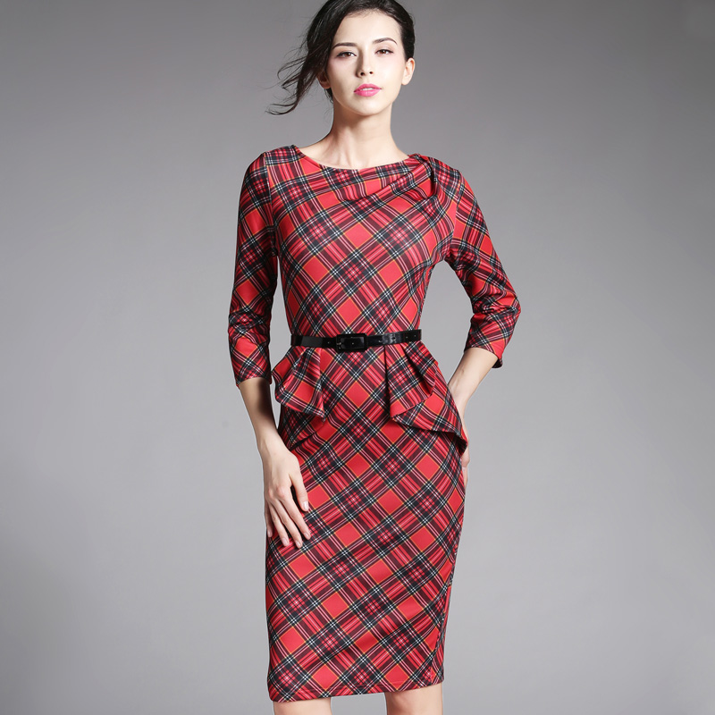 Spring Autumn Women Elegant Red font b Tartan b font Plaid Ruffle Ruched Office Work Business