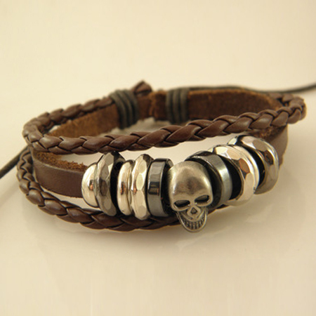 Free Shipping Wholesale Vintage Braided Leather Bracelet Bangle Punk Rock Skull Wristband For Men Bracelets Gift