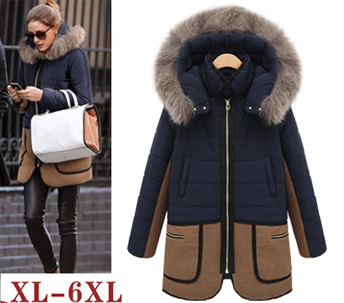 2013 fashion wadded jacket plus size women's thermal thickening outerwear mm medium-long color block cotton-padded jacket XL-6XL
