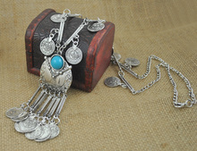 New Retro Antique Silver Color Tibetan style Long Coins Boho Necklace Tassel Pendant Necklace for women