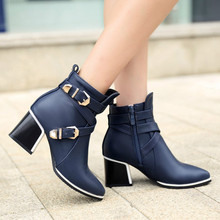 Plus Size 42 43 Winter Women’s Fashion Boots Pointed Toe Ankle Boots Female Zip Chunky Med Heel Boots Buckle Black Shoes
