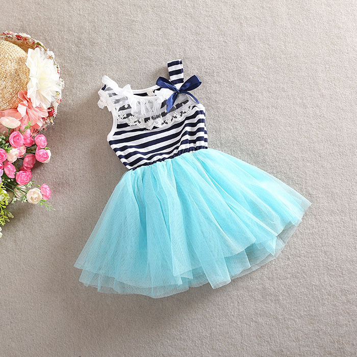 Free shipping 2014 popular summer girl sleeveless dress girls stripe princess dresses 100%cotton  children fashion bow dresses