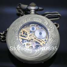 Vingtage SWITZERLAND Bronze Copper Tone hand wind skeleton Mechanical Fob Pocket Watch Mens Pendant Watch Chain