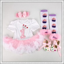 4PCs per Set Infant Lace Romper Crown 1st Birthday Baby Girls Tutu Dress Headband Shoes Leggings for 0-12months Free Shipping