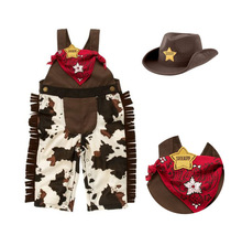 New spring baby infant toddler boys cowboy romper clothes 3pcs hat scarf with romper One Piece Jumpsuit fashion clothing 2015