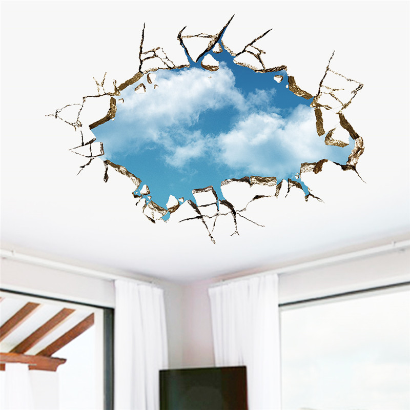 Through Wall Blue Sky White Clouds Wall Stickers Removable Landscape Wall Decals Ceiling Nursery Kids Room Decoration Art Poster