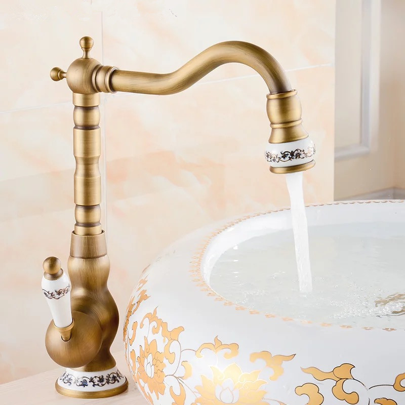 2016 Free shipping ceramic Antique Brass faucet bathroom sink faucet blue and white porcelain vintage faucet mixer sink tap