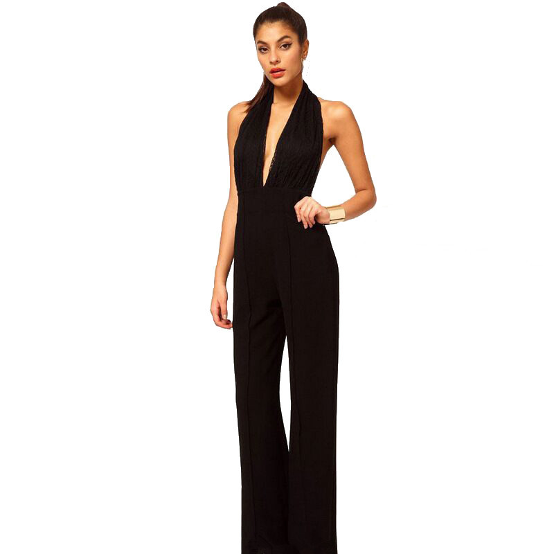 Women Playsuit Summer Casual New Style Sexy Deep V Halterneck Black Long Jumpsuit (1)