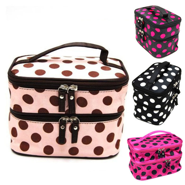 Hot Women Wave Dot Print Double Layer Makeup Cosmetic Bags Storage Toiletry Organiser Foldable Stationary Container Wholesale