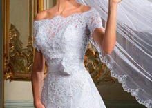 New Style Off Shoulder Short Sleeve Flower Belt A Line White Lace Wedding Dress with Jacket
