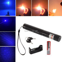 303 Blue Purple Laser Pointer High Powered Burning Puntero Laser Starry Caneta Laser + 18650 Battery + Charger + Key