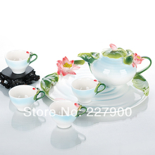 Enamel Porcelain Fashion Creative Hand Painted Green And Red Lotus Flowers Tea Set Tea Service Coffee Set