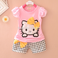 Children s Sets Cartoon hello kitty Girls Sets Short sleeve plaid shorts suit children suit children