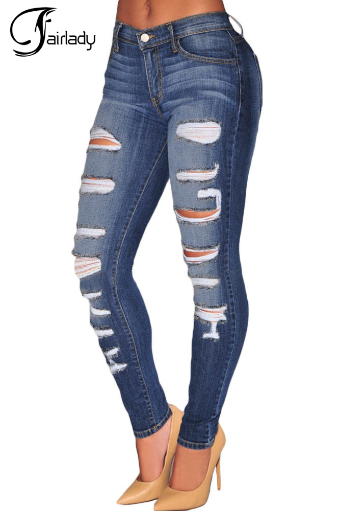 Fashion Stretch Blue Denim Destroyed Whisker Wash Skinny Distressed Jeans Women Ripped Pants Calca Feminina