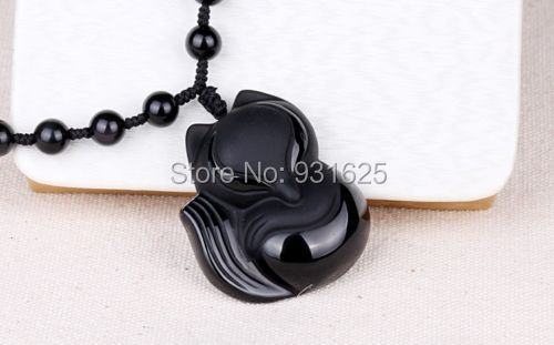 beautiful Black 100% Natural A Obsidian Carved FOX Necklaces pendant beautif -2