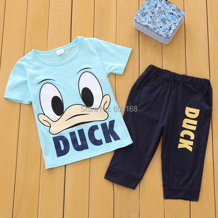 2015 Summer Boy Girl Cotton Duck Pattern Short sleeved Sets Kid Baby Shirt+Pants Sets {iso-15-1-4-A12}