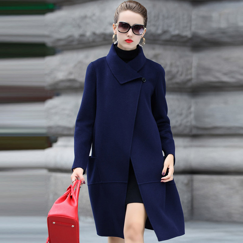 European 2015 new autumn winter women jacket fashion wool coat ladies turn-down collar slim long woolen overcoat DX808